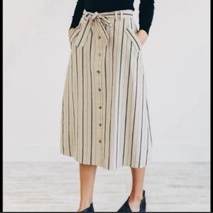 Roolee Black/Tan Striped Midi Skirt with Buttons